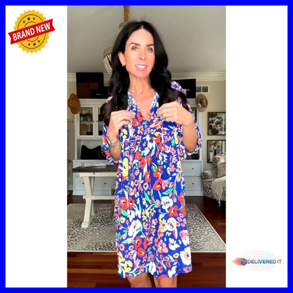 Bohemian Floral Mini Tunic Dress V Neck Puff Sleeve A-Line Summer Casual - Picture 6 of 7